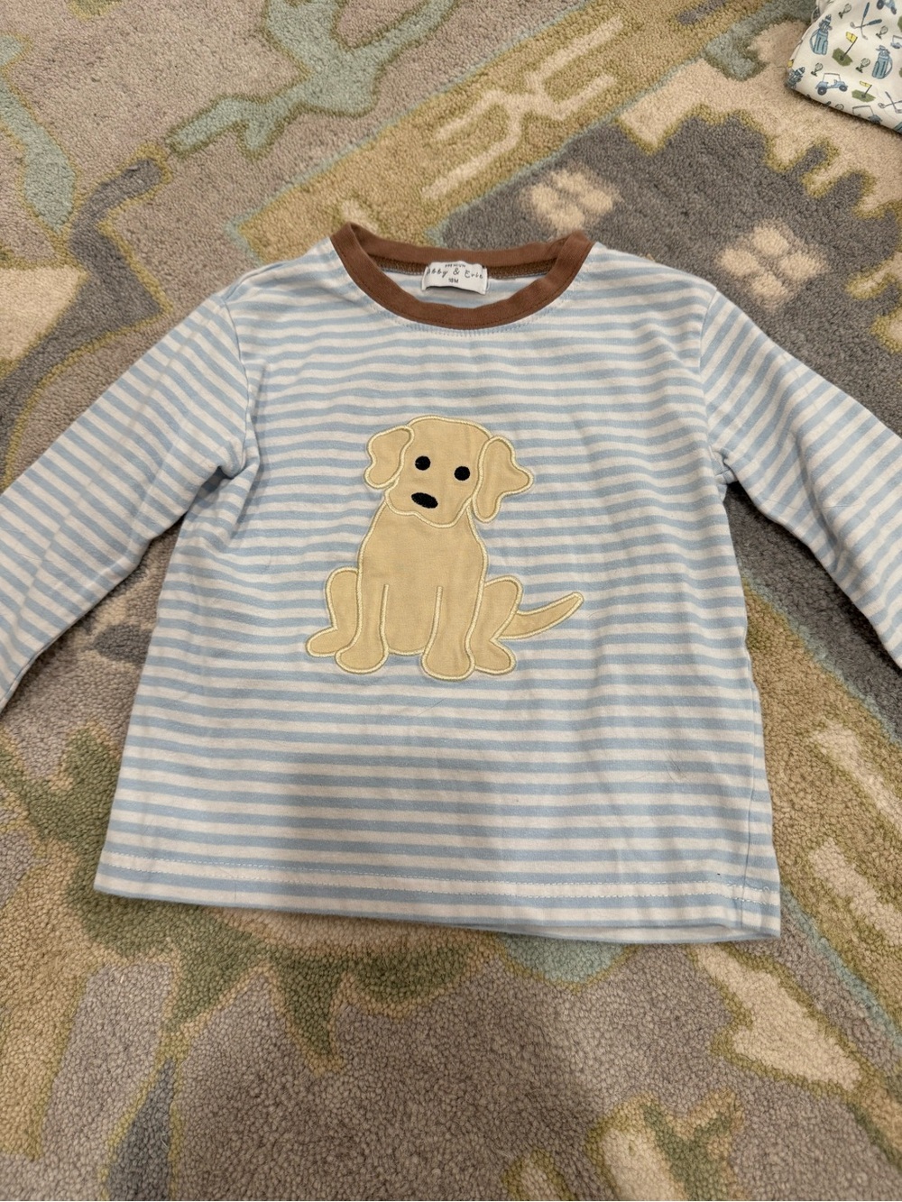 Striped Blue & White Kids Long-Sleeve Shirt with Puppy Applique